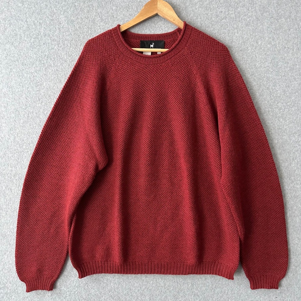 Peruvian Connection Sweater Mens XL Red 100% Alpaca Waffle Knit Crew Neck Raglan